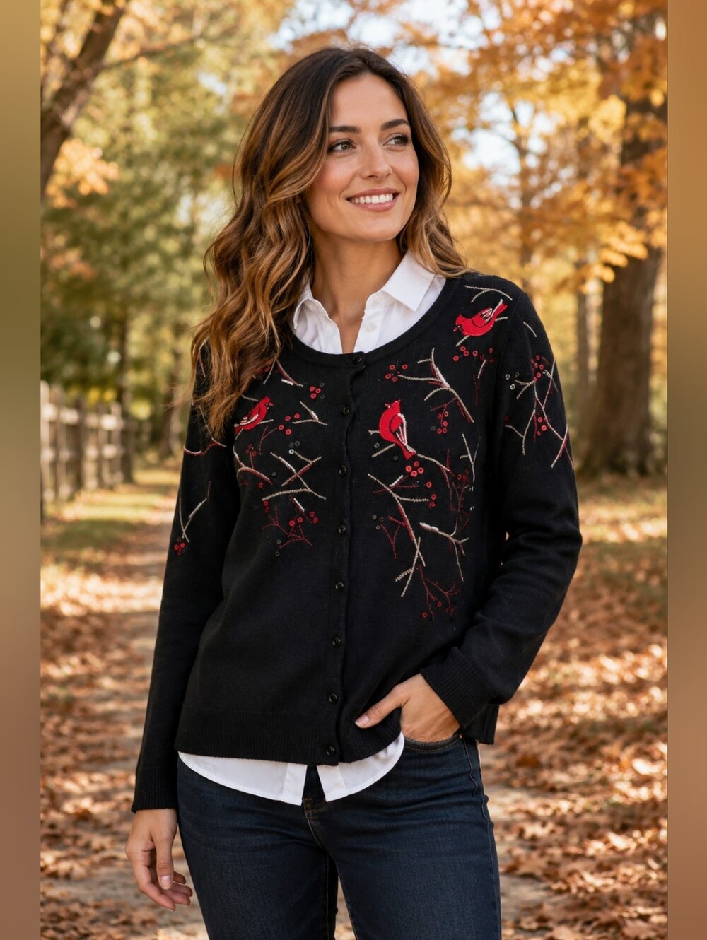 Christopher & Banks Cardinal Embroidered Cardigan White Blouse 2p Set Size Small